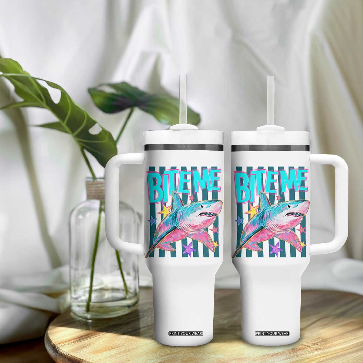 Funny Bite Me Shark Lover Tumbler With Handle Summer Beach Nautical Stripes Glitter Print TS11 Print Your Wear