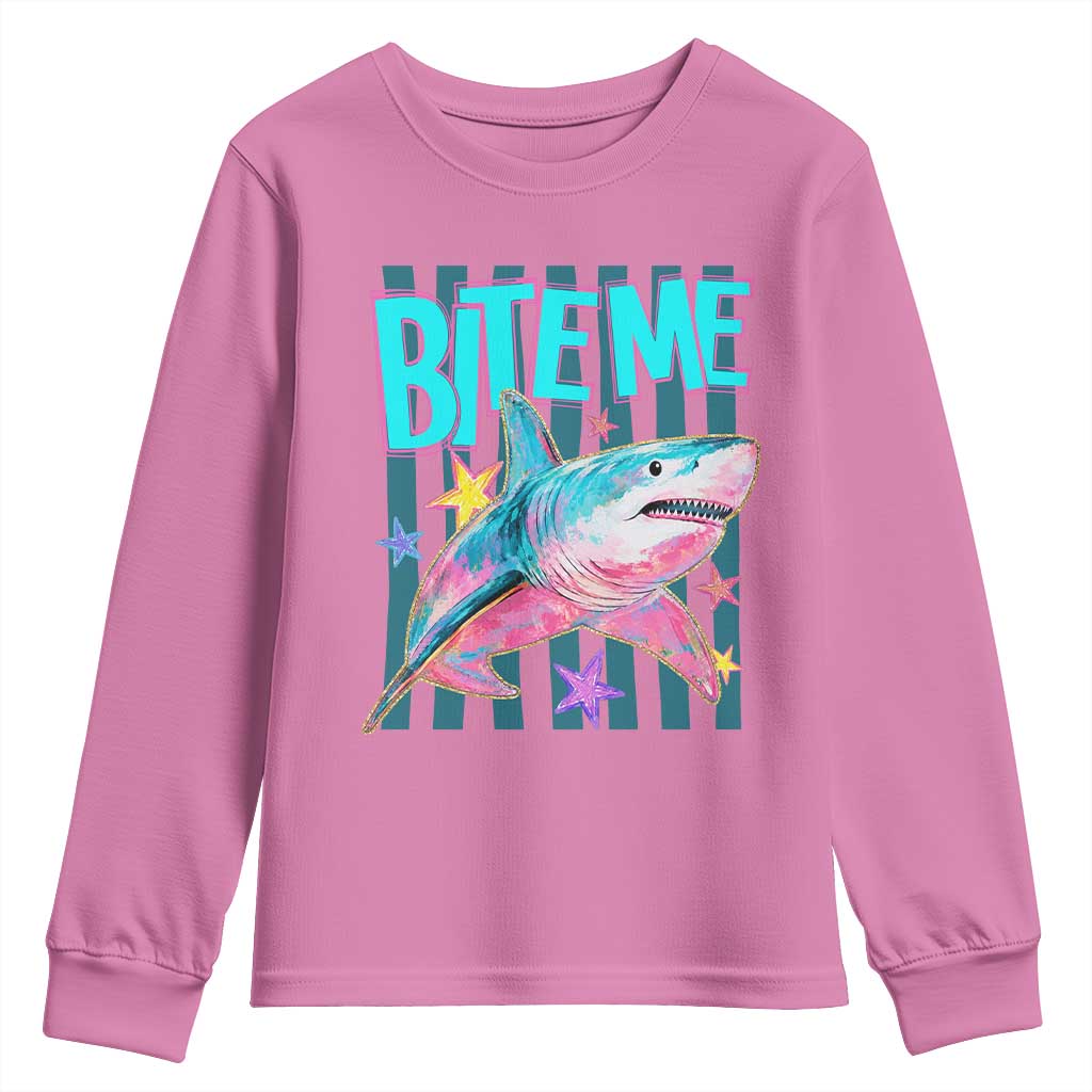 Funny Bite Me Shark Lover Youth Sweatshirt Summer Beach Nautical Stripes Glitter Print TS11 Azalea Print Your Wear