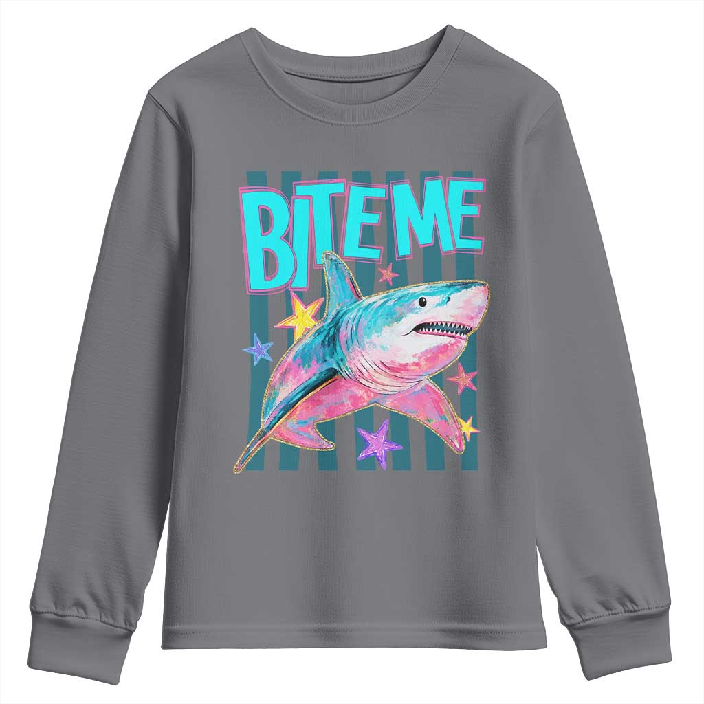 Funny Bite Me Shark Lover Youth Sweatshirt Summer Beach Nautical Stripes Glitter Print TS11 Charcoal Print Your Wear