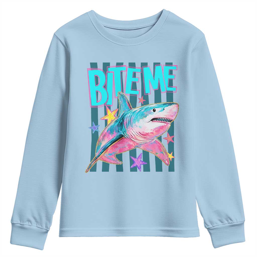 Funny Bite Me Shark Lover Youth Sweatshirt Summer Beach Nautical Stripes Glitter Print TS11 Light Blue Print Your Wear