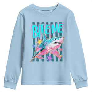 Funny Bite Me Shark Lover Youth Sweatshirt Summer Beach Nautical Stripes Glitter Print TS11 Light Blue Print Your Wear