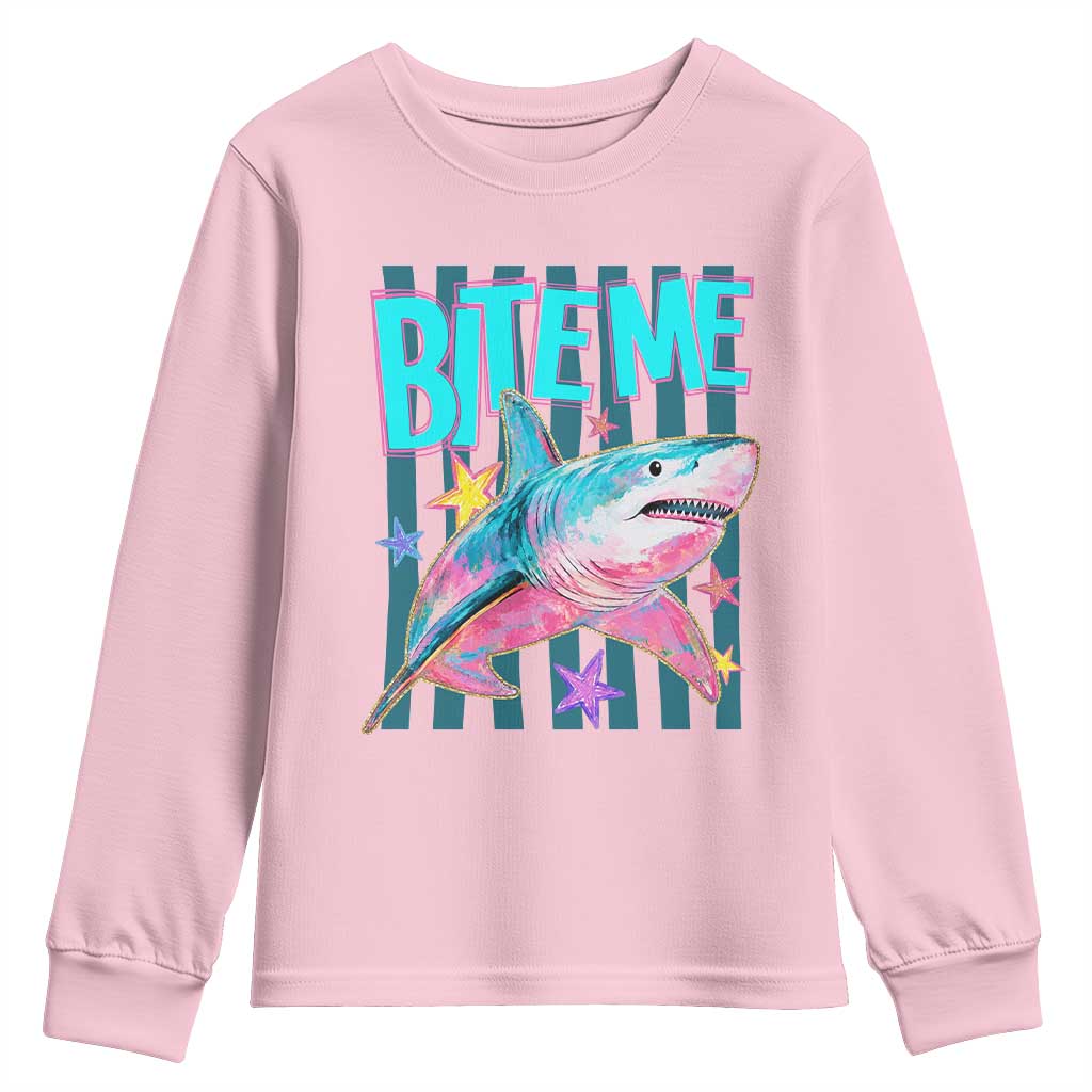 Funny Bite Me Shark Lover Youth Sweatshirt Summer Beach Nautical Stripes Glitter Print TS11 Light Pink Print Your Wear