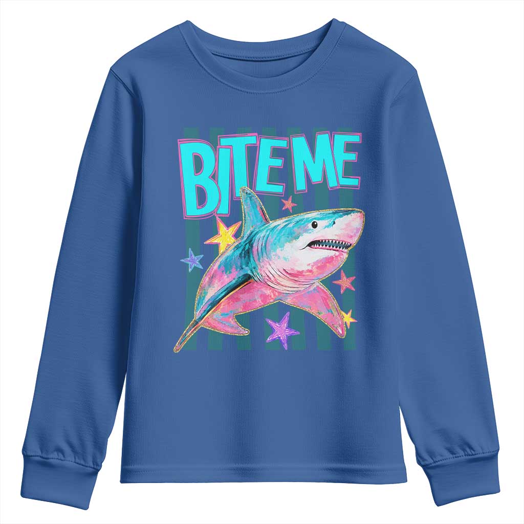 Funny Bite Me Shark Lover Youth Sweatshirt Summer Beach Nautical Stripes Glitter Print TS11 Royal Blue Print Your Wear