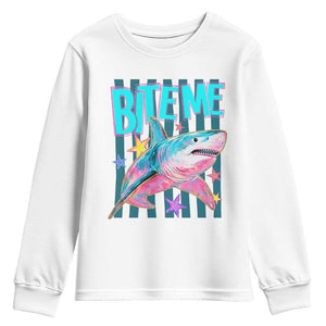 Funny Bite Me Shark Lover Youth Sweatshirt Summer Beach Nautical Stripes Glitter Print TS11 White Print Your Wear