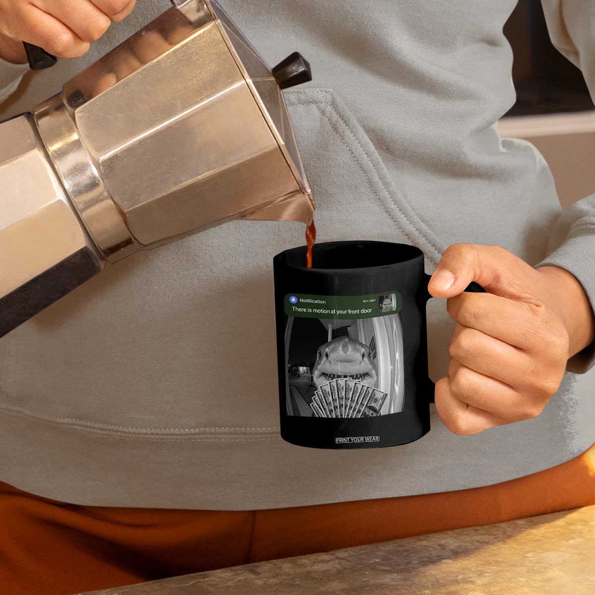 There is Motion at Your Front Door Funny Shark Motion Meme Coffee Mug TS11 Print Your Wear