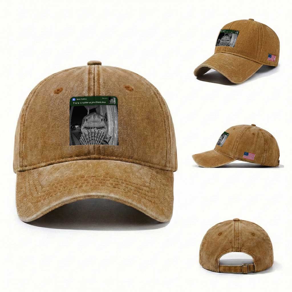 There is Motion at Your Front Door Funny Shark Motion Meme Washed Cotton Baseball Cap TS11 Washed Cap Universal Fit Yellow Ochre Print Your Wear