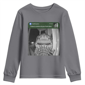 There is Motion at Your Front Door Funny Shark Motion Meme Youth Sweatshirt TS11 Charcoal Print Your Wear