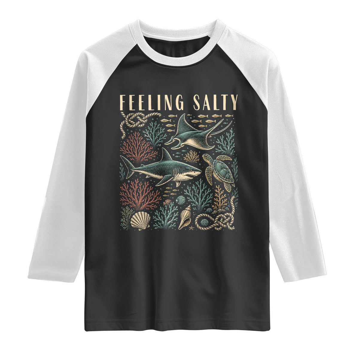 Feeling Salty Shark Lover Vintage Ocean Life Raglan Shirt TS11 Black White Print Your Wear