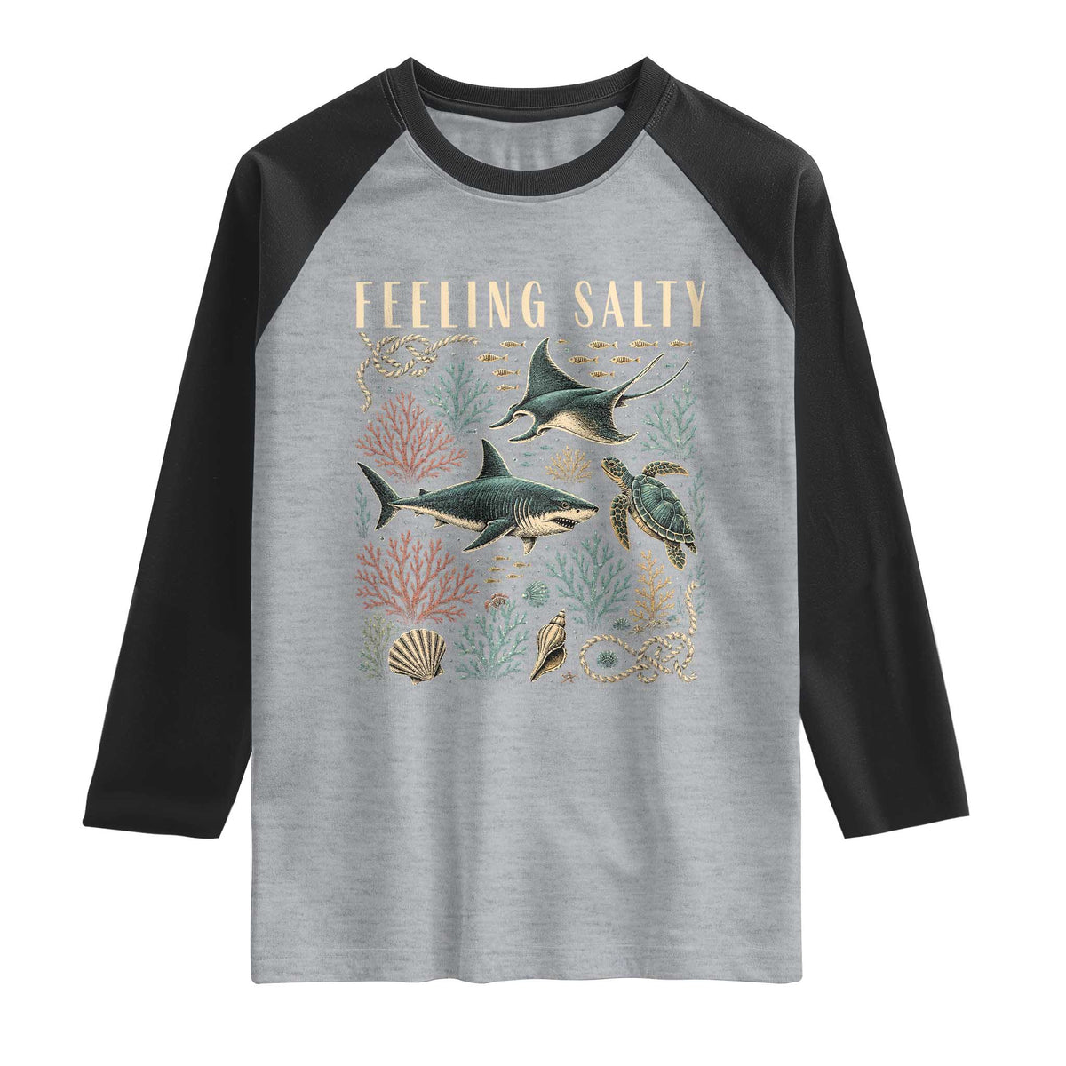 Feeling Salty Shark Lover Vintage Ocean Life Raglan Shirt TS11 Heather Gray Black Print Your Wear