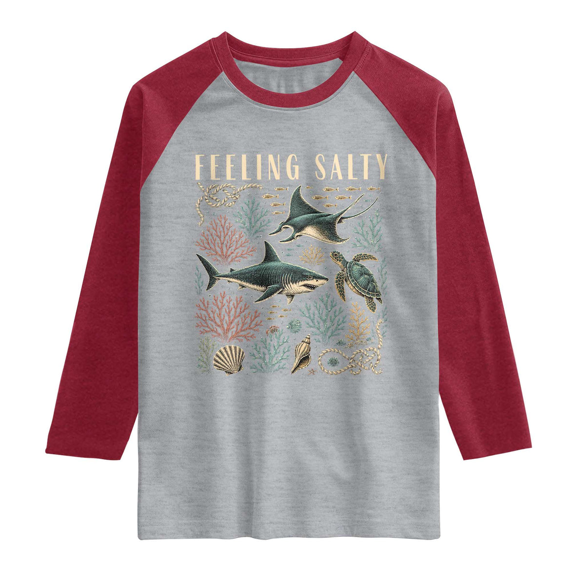 Feeling Salty Shark Lover Vintage Ocean Life Raglan Shirt TS11 Heather Gray Heather Red Print Your Wear