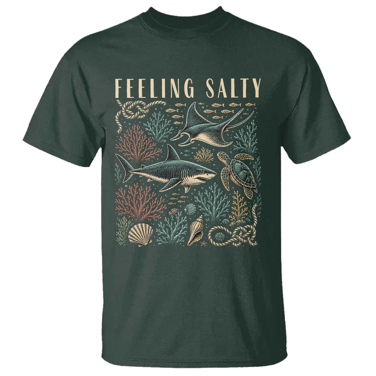 Feeling Salty Shark Lover Vintage Ocean Life T Shirt TS11 Dark Forest Green Print Your Wear