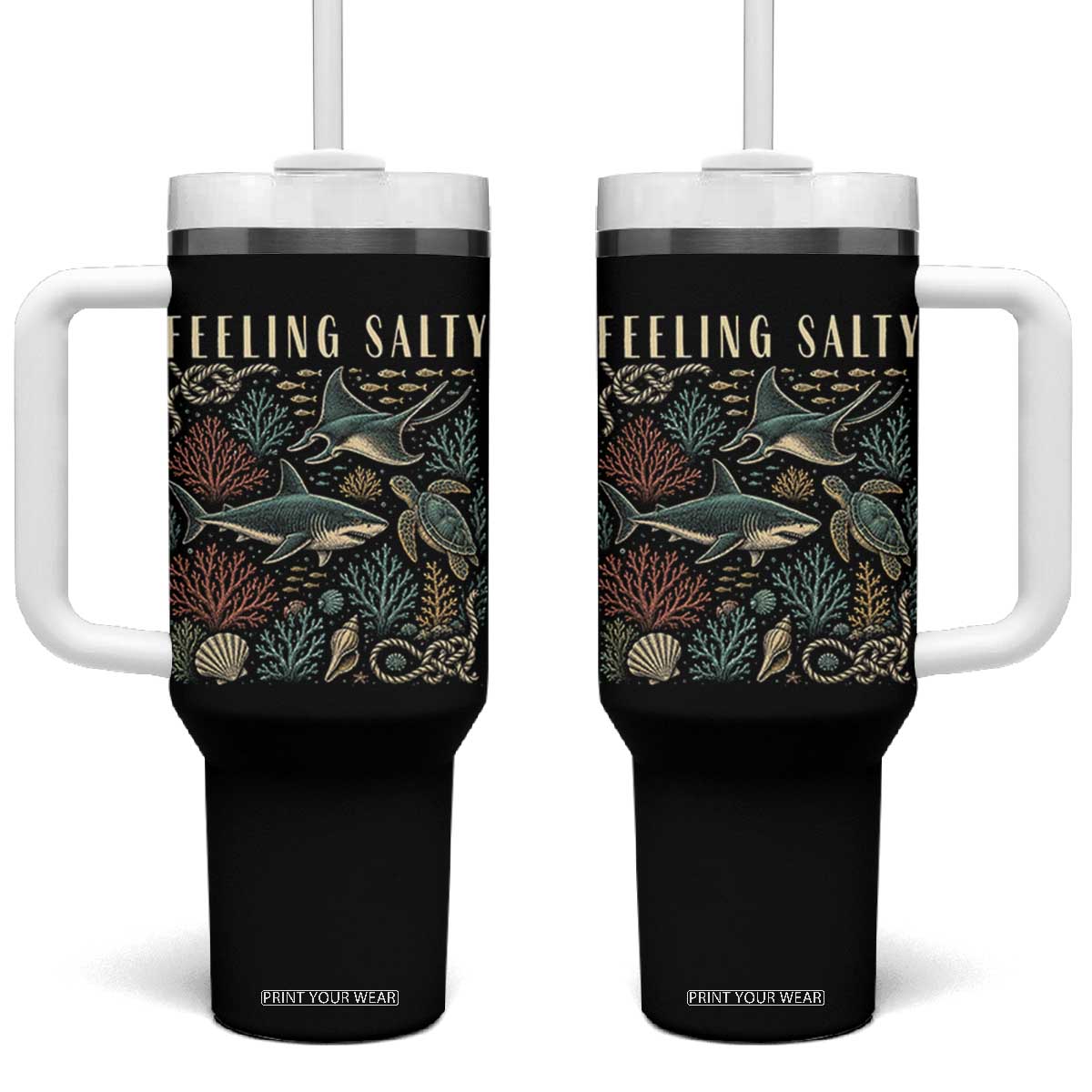 Feeling Salty Shark Lover Vintage Ocean Life Tumbler With Handle TS11 One Size: 40 oz Black Print Your Wear