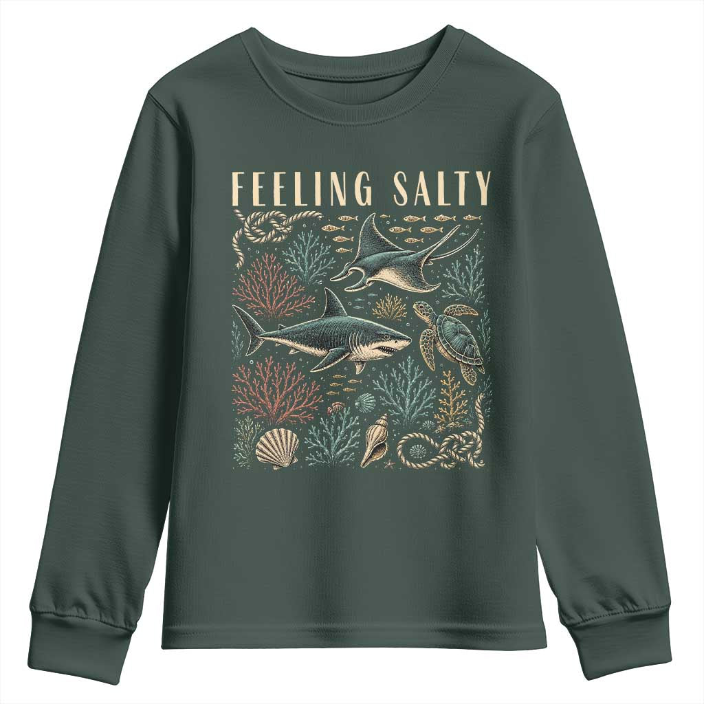 Feeling Salty Shark Lover Vintage Ocean Life Youth Sweatshirt TS11 Dark Forest Green Print Your Wear