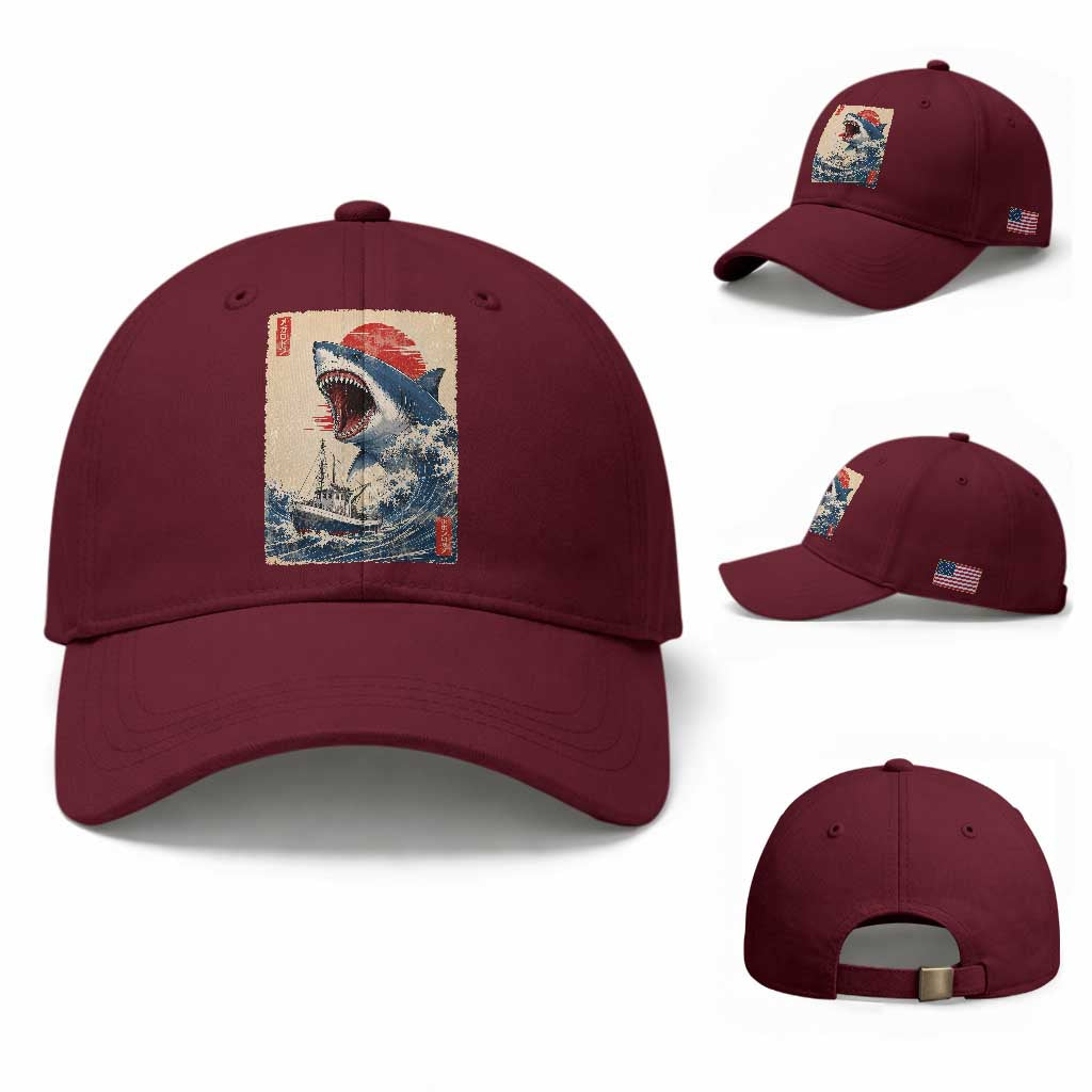 Megalodon Shark Japanese Vintage Graphic Ukiyo e Art Baseball Cap TS11 Baseball Cap Universal Fit Maroon Print Your Wear