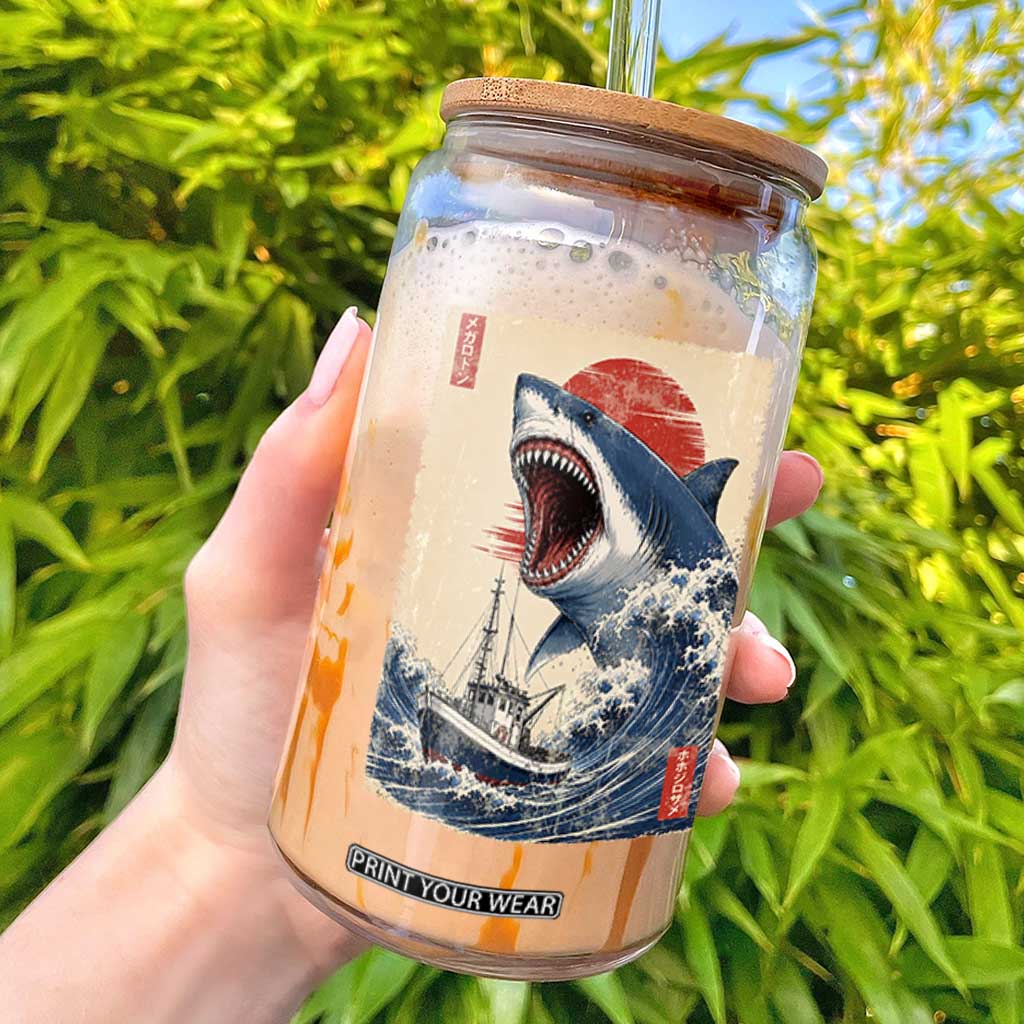Megalodon Shark Japanese Vintage Graphic Ukiyo e Art Glass Can TS11 Black Print Your Wear