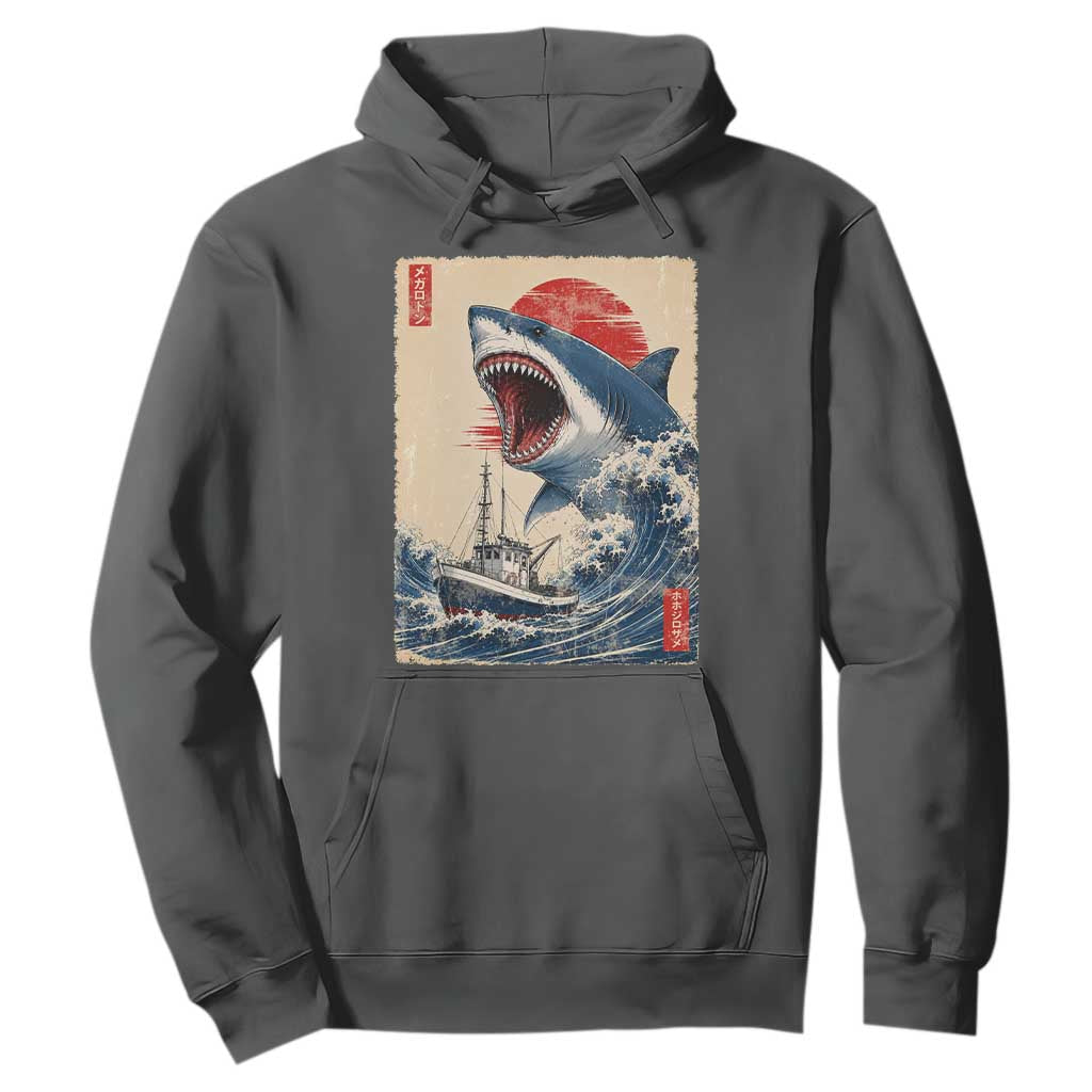 Megalodon Shark Japanese Vintage Graphic Ukiyo e Art Hoodie TS11 Dark Heather Print Your Wear
