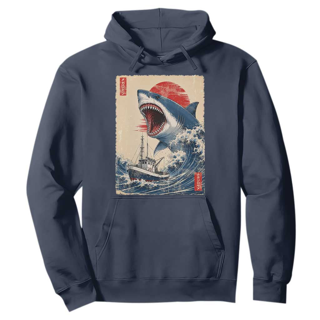 Megalodon Shark Japanese Vintage Graphic Ukiyo e Art Hoodie TS11 Navy Print Your Wear