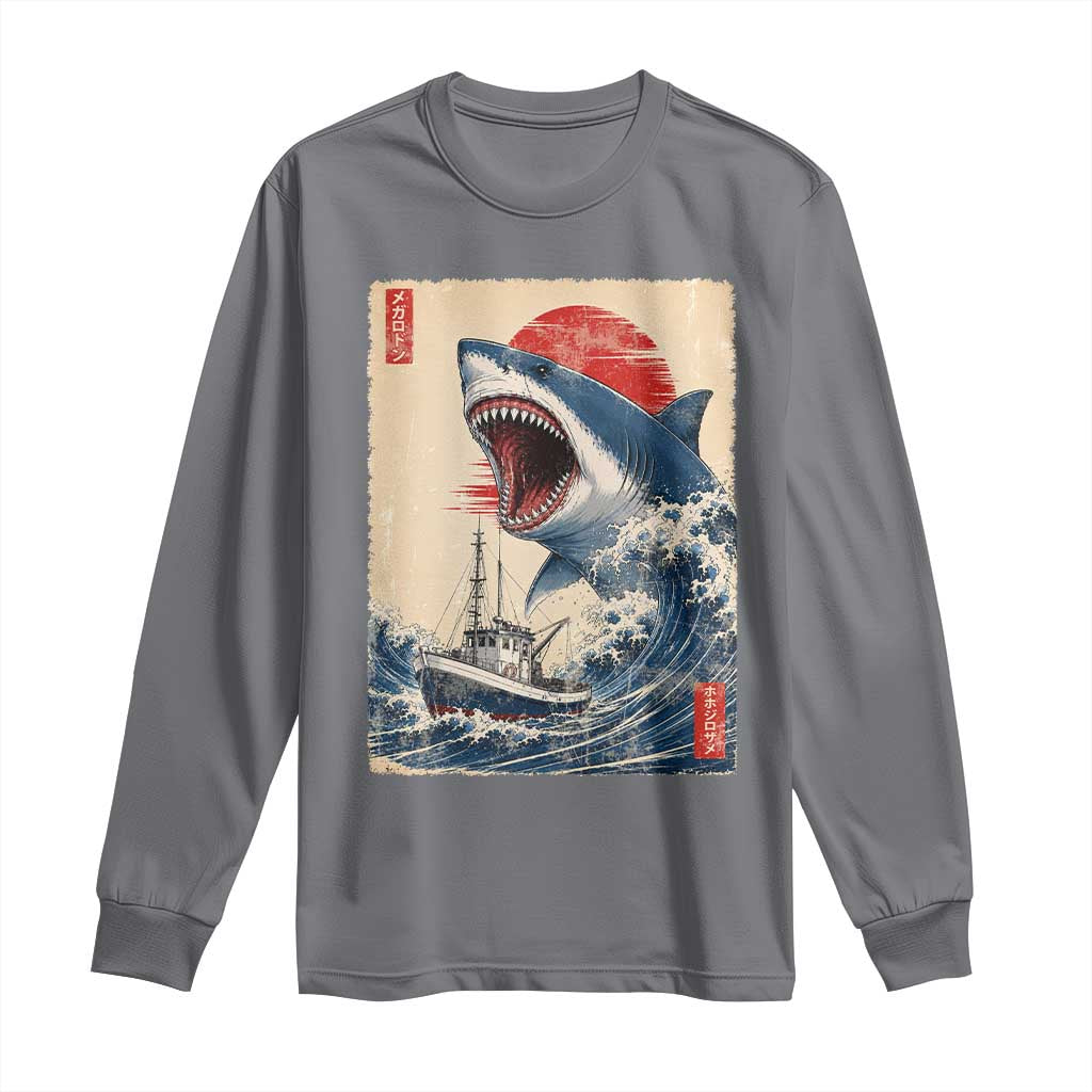 Megalodon Shark Japanese Vintage Graphic Ukiyo e Art Long Sleeve Shirt TS11 Charcoal Print Your Wear