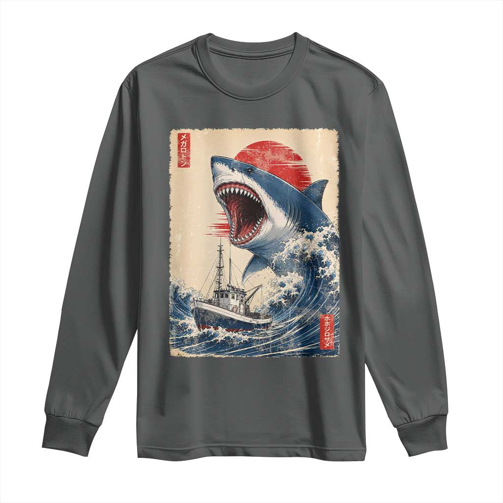 Megalodon Shark Japanese Vintage Graphic Ukiyo e Art Long Sleeve Shirt TS11 Dark Heather Print Your Wear