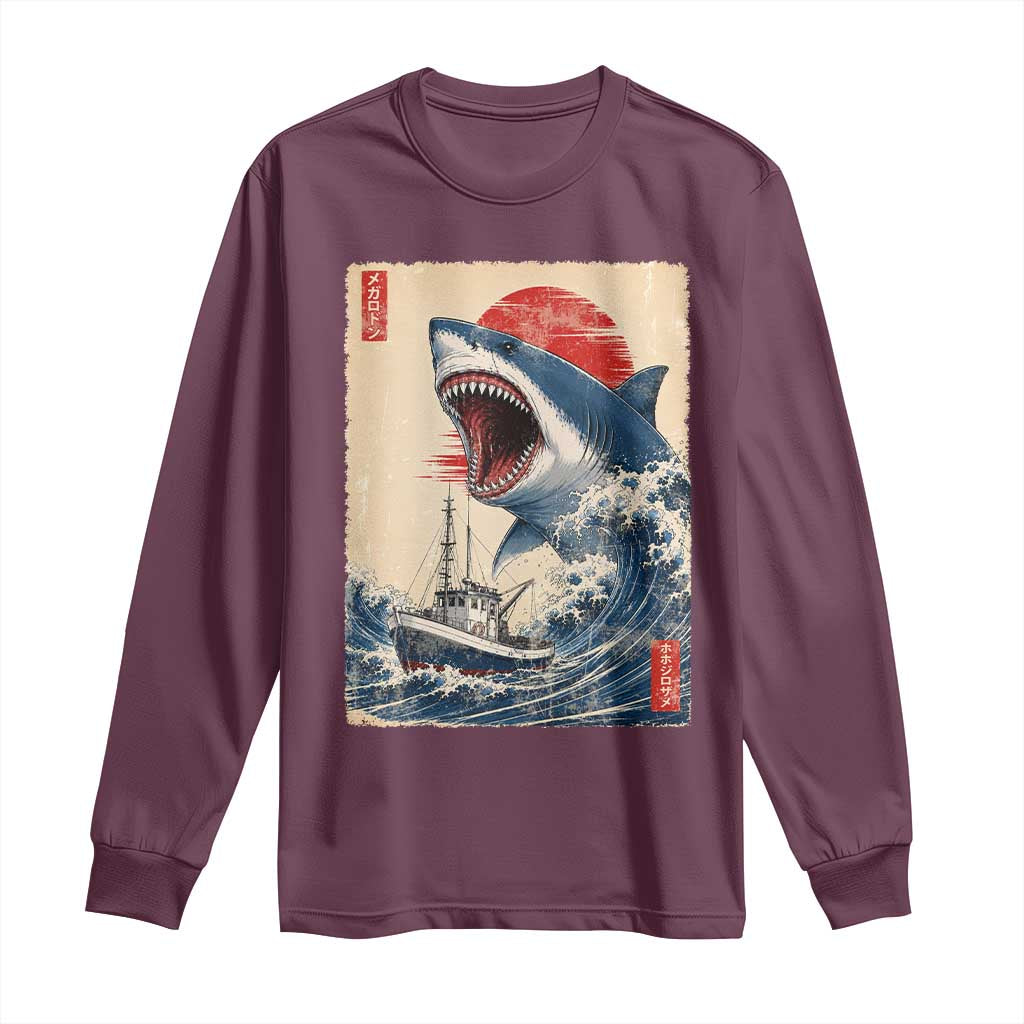 Megalodon Shark Japanese Vintage Graphic Ukiyo e Art Long Sleeve Shirt TS11 Maroon Print Your Wear