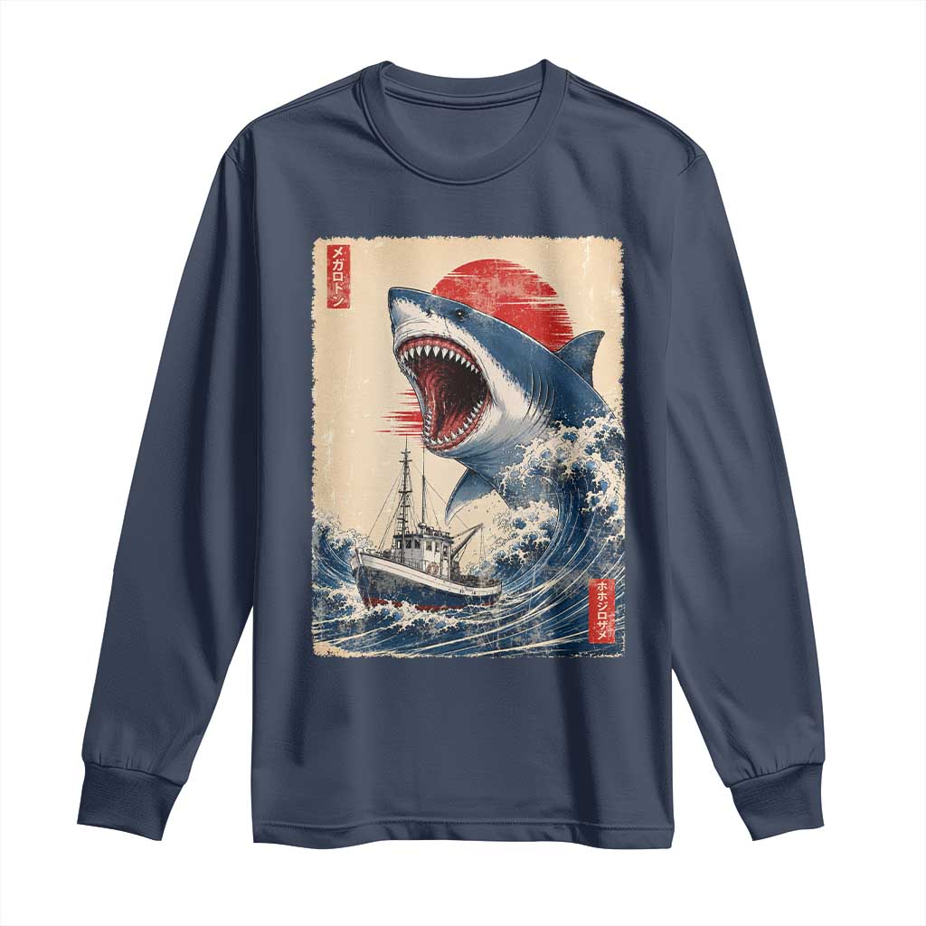 Megalodon Shark Japanese Vintage Graphic Ukiyo e Art Long Sleeve Shirt TS11 Navy Print Your Wear