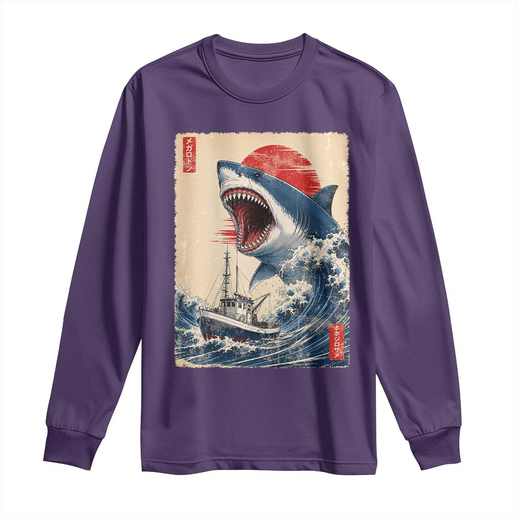 Megalodon Shark Japanese Vintage Graphic Ukiyo e Art Long Sleeve Shirt TS11 Purple Print Your Wear