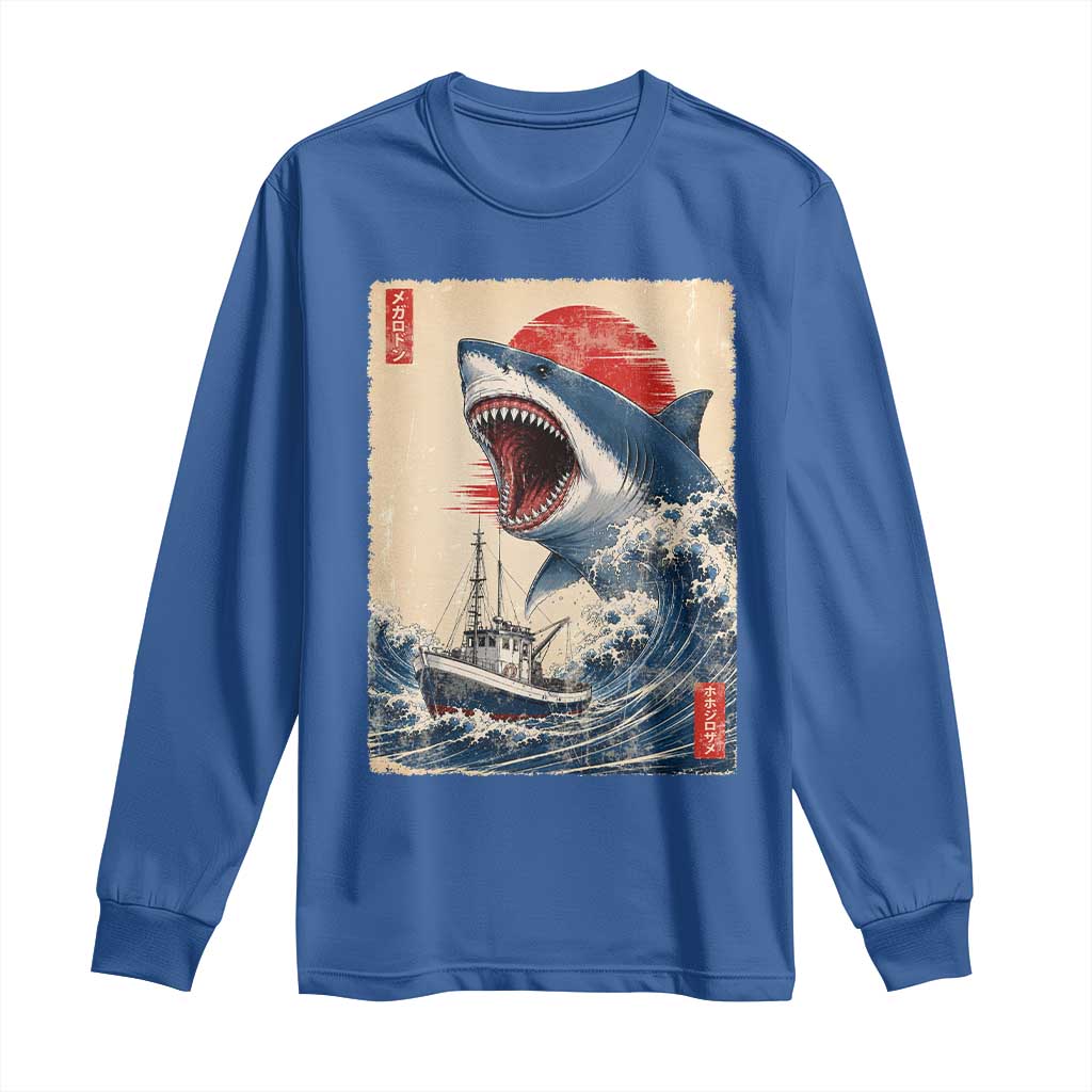 Megalodon Shark Japanese Vintage Graphic Ukiyo e Art Long Sleeve Shirt TS11 Royal Blue Print Your Wear