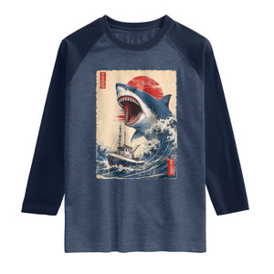 Megalodon Shark Japanese Vintage Graphic Ukiyo e Art Raglan Shirt TS11 Heather Denim Navy Print Your Wear