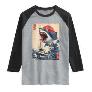 Megalodon Shark Japanese Vintage Graphic Ukiyo e Art Raglan Shirt TS11 Heather Gray Black Print Your Wear