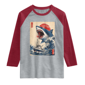 Megalodon Shark Japanese Vintage Graphic Ukiyo e Art Raglan Shirt TS11 Heather Gray Heather Red Print Your Wear