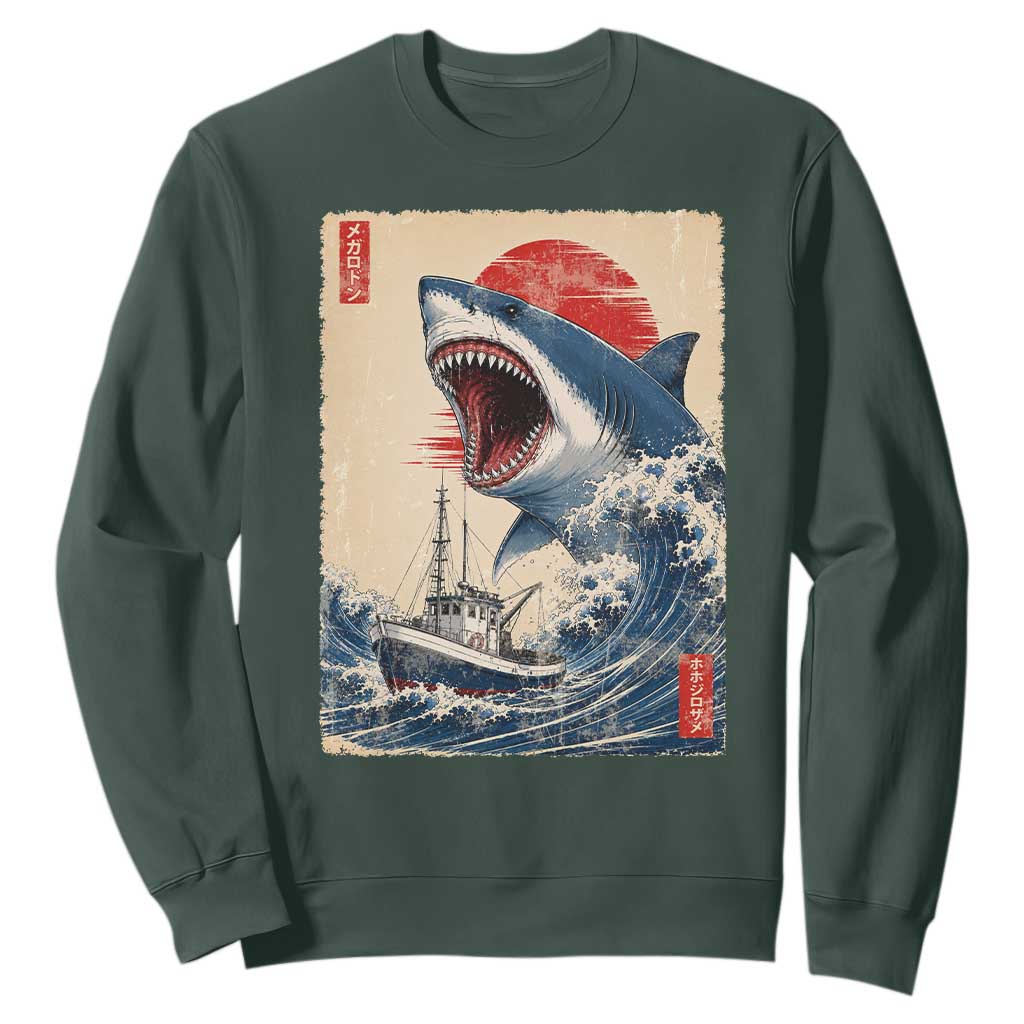 Megalodon Shark Japanese Vintage Graphic Ukiyo e Art Sweatshirt TS11 Dark Forest Green Print Your Wear