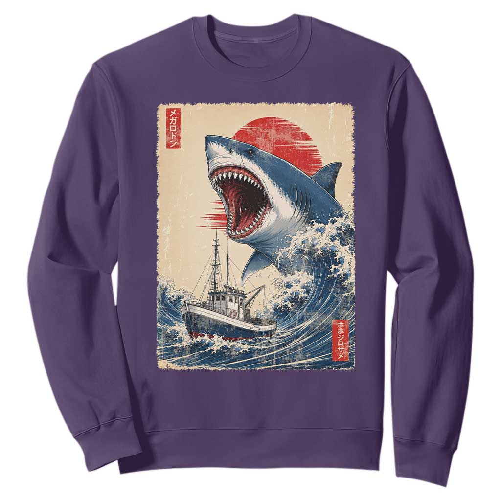 Megalodon Shark Japanese Vintage Graphic Ukiyo e Art Sweatshirt TS11 Purple Print Your Wear