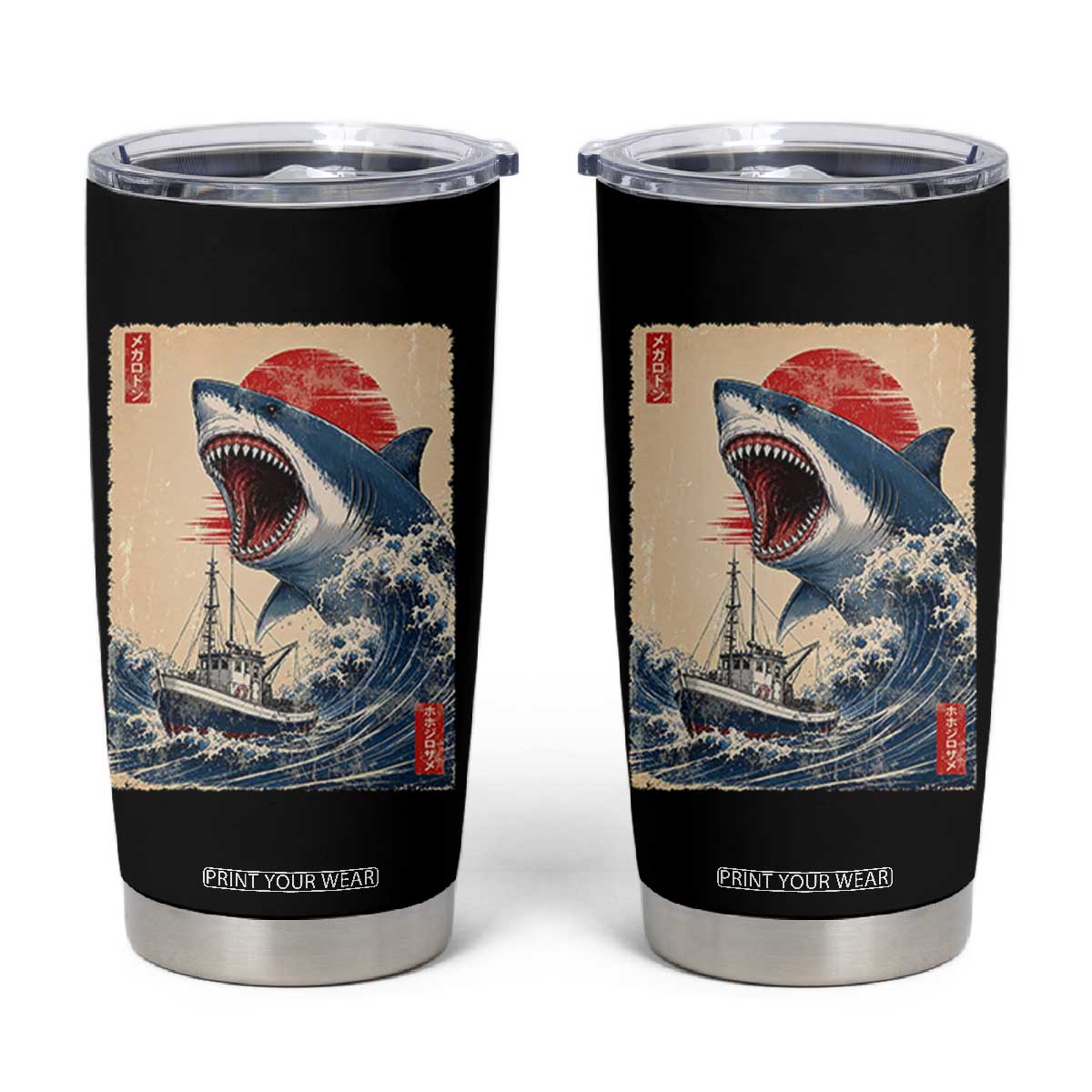 Megalodon Shark Japanese Vintage Graphic Ukiyo e Art Tumbler Cup TS11 Black Print Your Wear