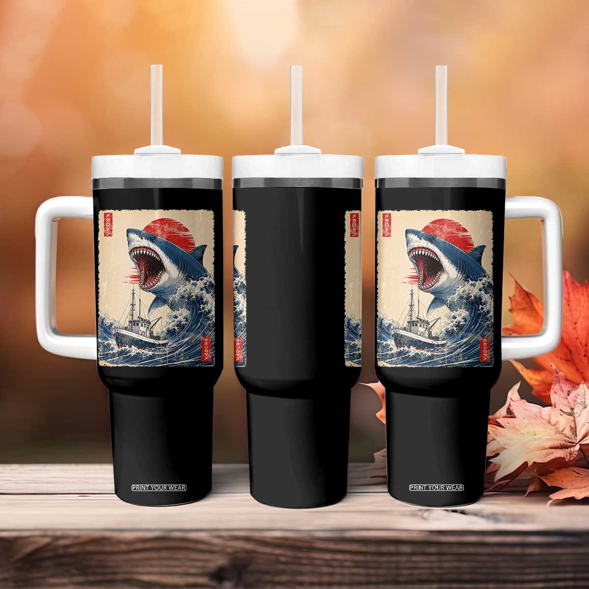 Megalodon Shark Japanese Vintage Graphic Ukiyo e Art Tumbler With Handle TS11 Print Your Wear