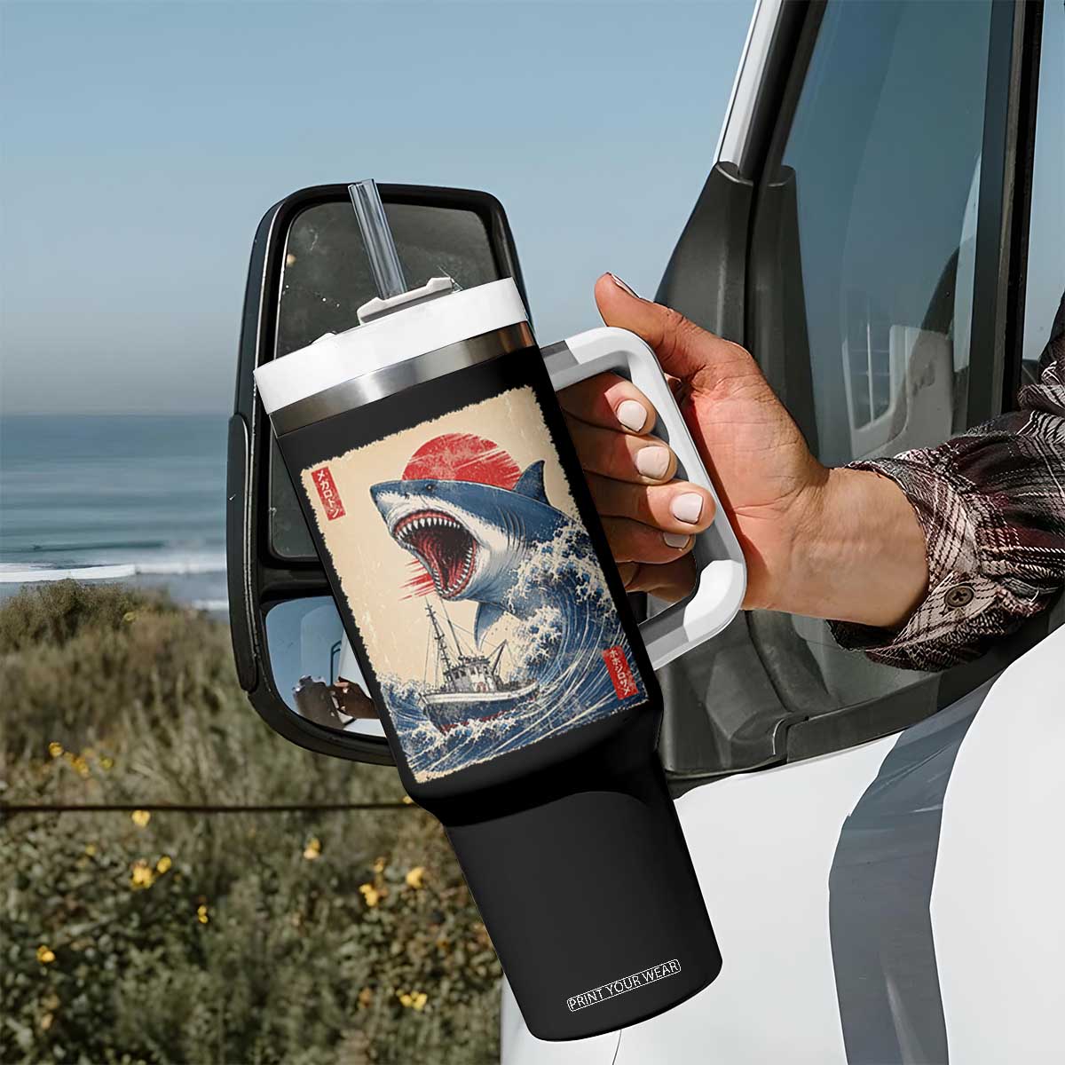 Megalodon Shark Japanese Vintage Graphic Ukiyo e Art Tumbler With Handle TS11 Print Your Wear
