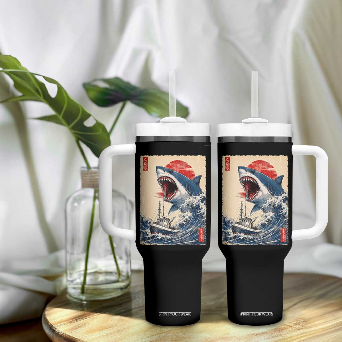 Megalodon Shark Japanese Vintage Graphic Ukiyo e Art Tumbler With Handle TS11 Print Your Wear