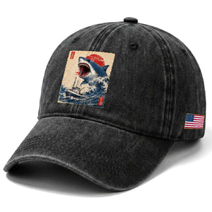 Megalodon Shark Japanese Vintage Graphic Ukiyo e Art Washed Cotton Baseball Cap TS11 Print Your Wear