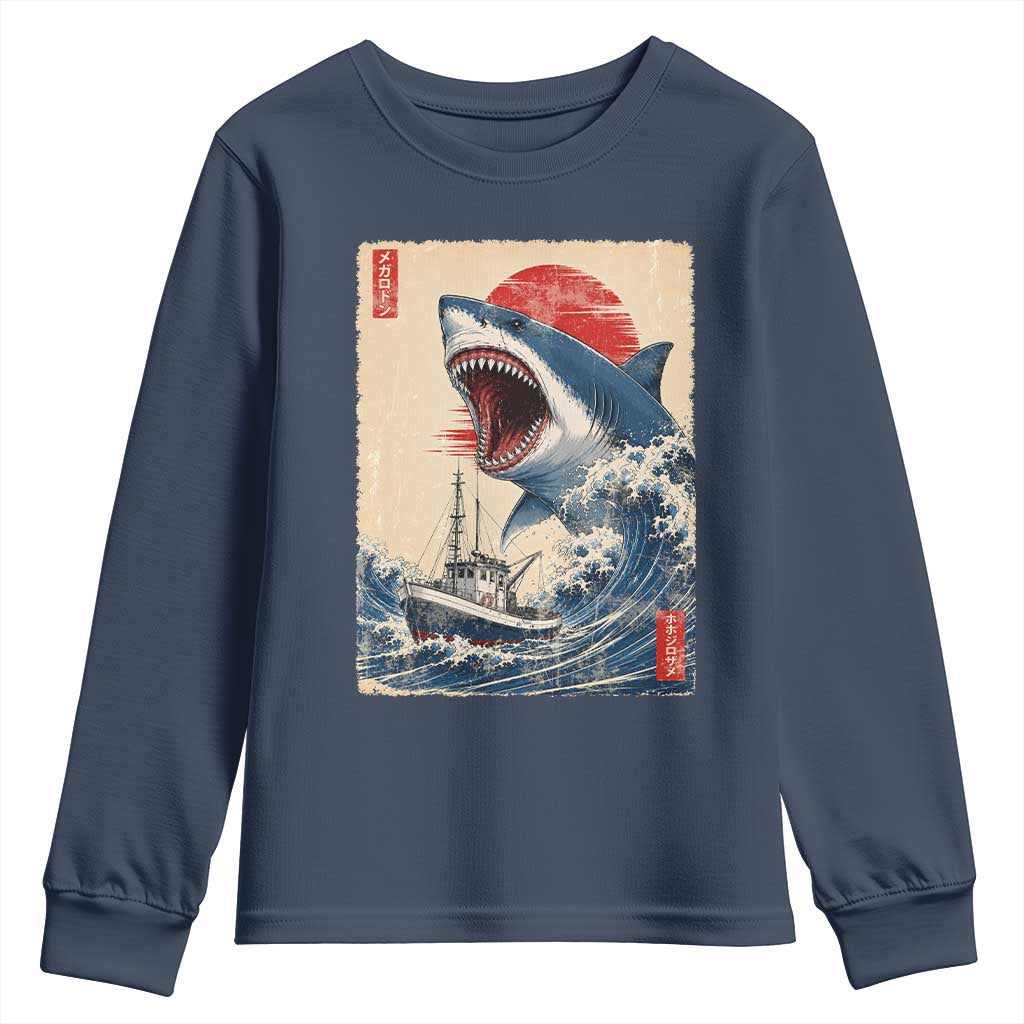 Megalodon Shark Japanese Vintage Graphic Ukiyo e Art Youth Sweatshirt TS11 Navy Print Your Wear