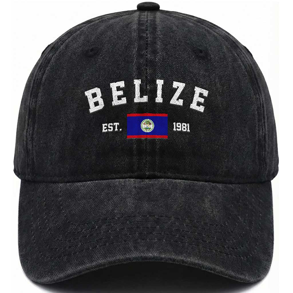 Belize Est 1981 Washed Cotton Baseball Cap Vintage Belizean Flag Independence Day