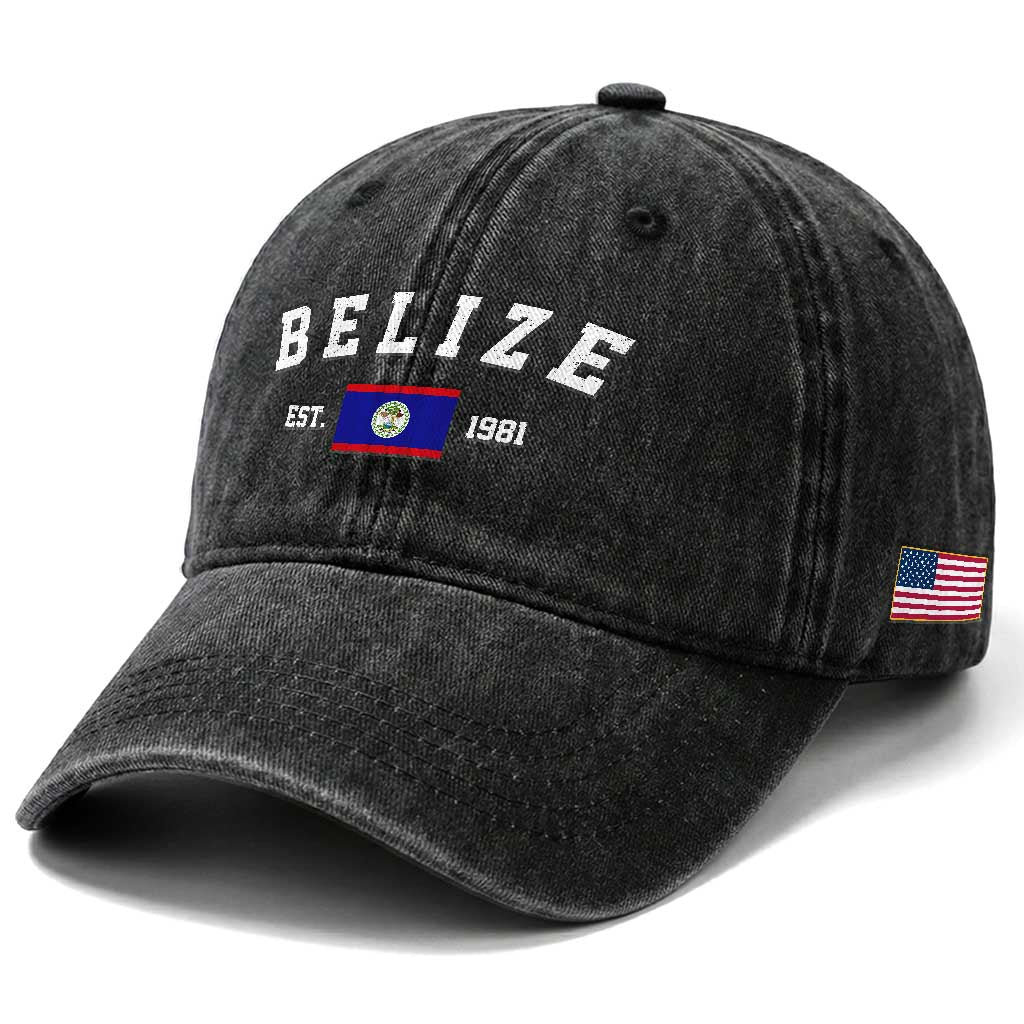 Belize Est 1981 Washed Cotton Baseball Cap Vintage Belizean Flag Independence Day