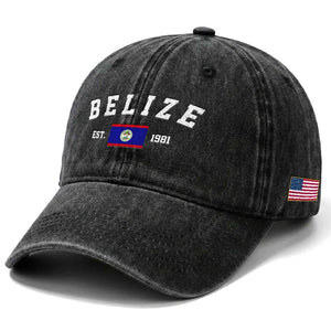 Belize Est 1981 Washed Cotton Baseball Cap Vintage Belizean Flag Independence Day