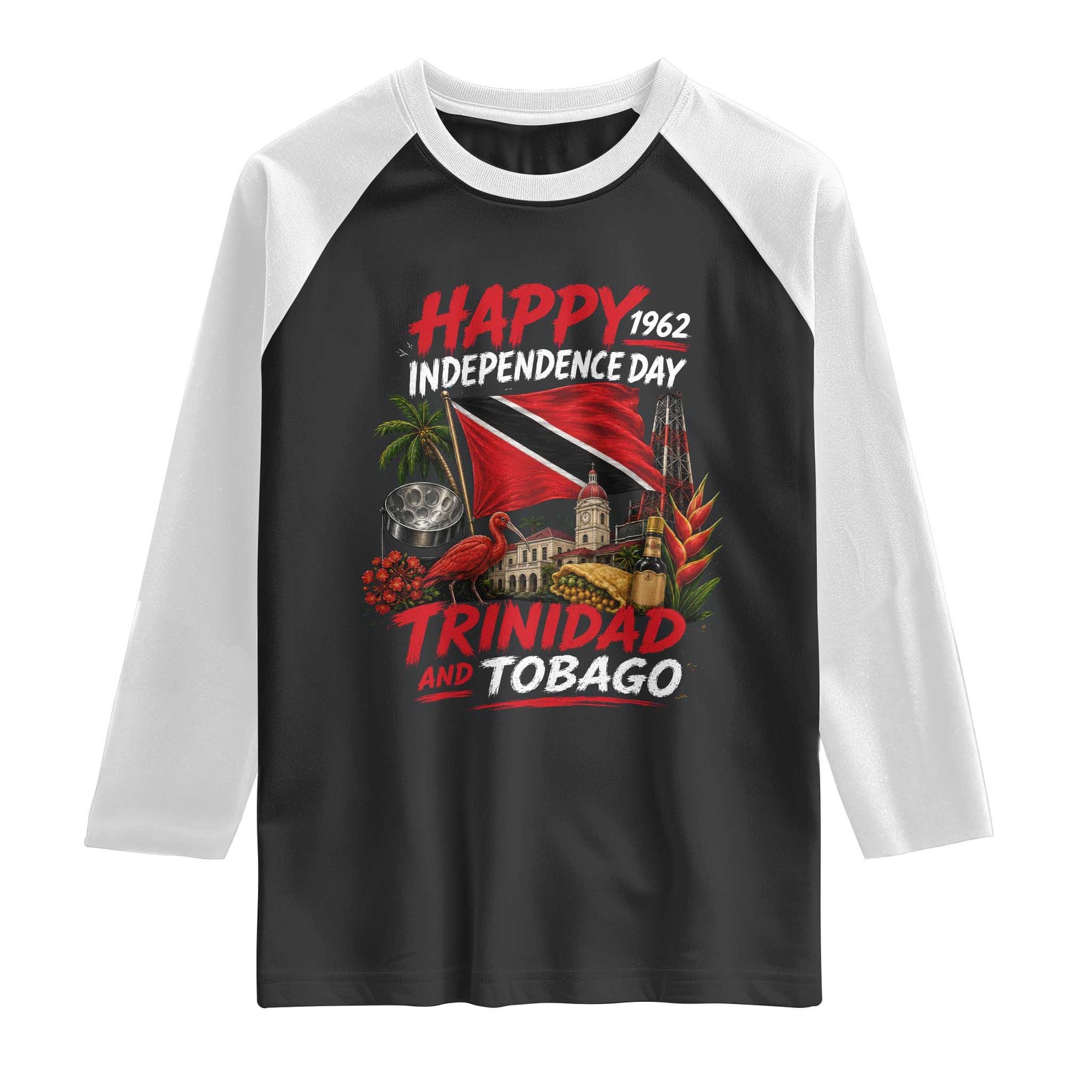 Trinidad And Tobago Independence Day Raglan Shirt Trinidadian Heritage Steelpan Scarlet Ibis TS11 Black White Print Your Wear