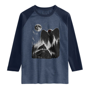 Mothman Howling at Moon 90s Retro Raglan Shirt Funny West Virginia Cryptid TS11 Heather Denim Navy Print Your Wear