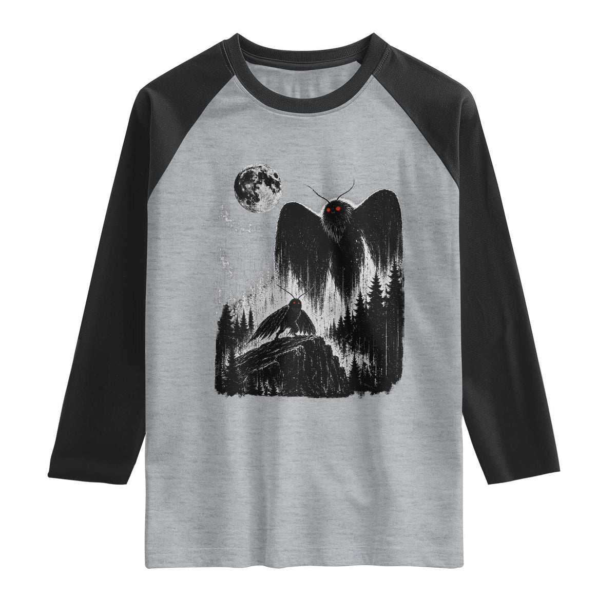 Mothman Howling at Moon 90s Retro Raglan Shirt Funny West Virginia Cryptid TS11 Heather Gray Black Print Your Wear