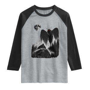 Mothman Howling at Moon 90s Retro Raglan Shirt Funny West Virginia Cryptid TS11 Heather Gray Black Print Your Wear