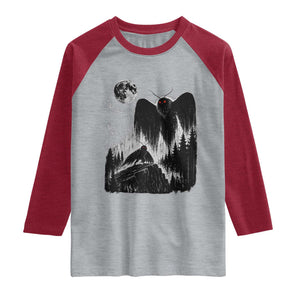 Mothman Howling at Moon 90s Retro Raglan Shirt Funny West Virginia Cryptid TS11 Heather Gray Heather Red Print Your Wear