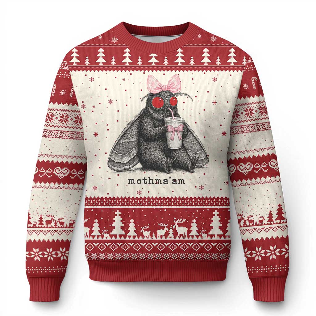 Funny Mothman Mothma'am Cute Pink Bow Coquette Ugly Christmas Sweater TS11 Beige Red Print Your Wear