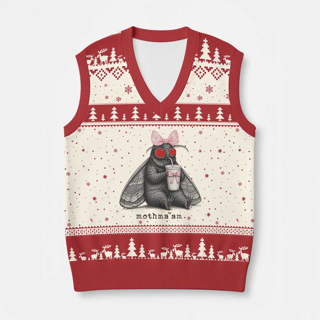 Funny Mothman Mothma'am Cute Pink Bow Coquette V-Neck Knit Sweater Vest TS11 Beige Red Print Your Wear