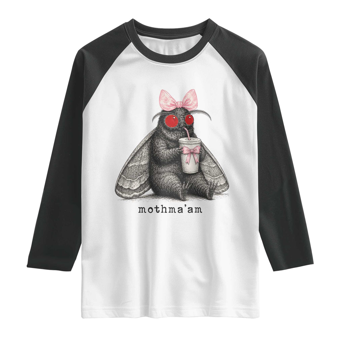 Funny Mothman Mothma'am Cute Pink Bow Coquette Raglan Shirt TS11 White Black Print Your Wear