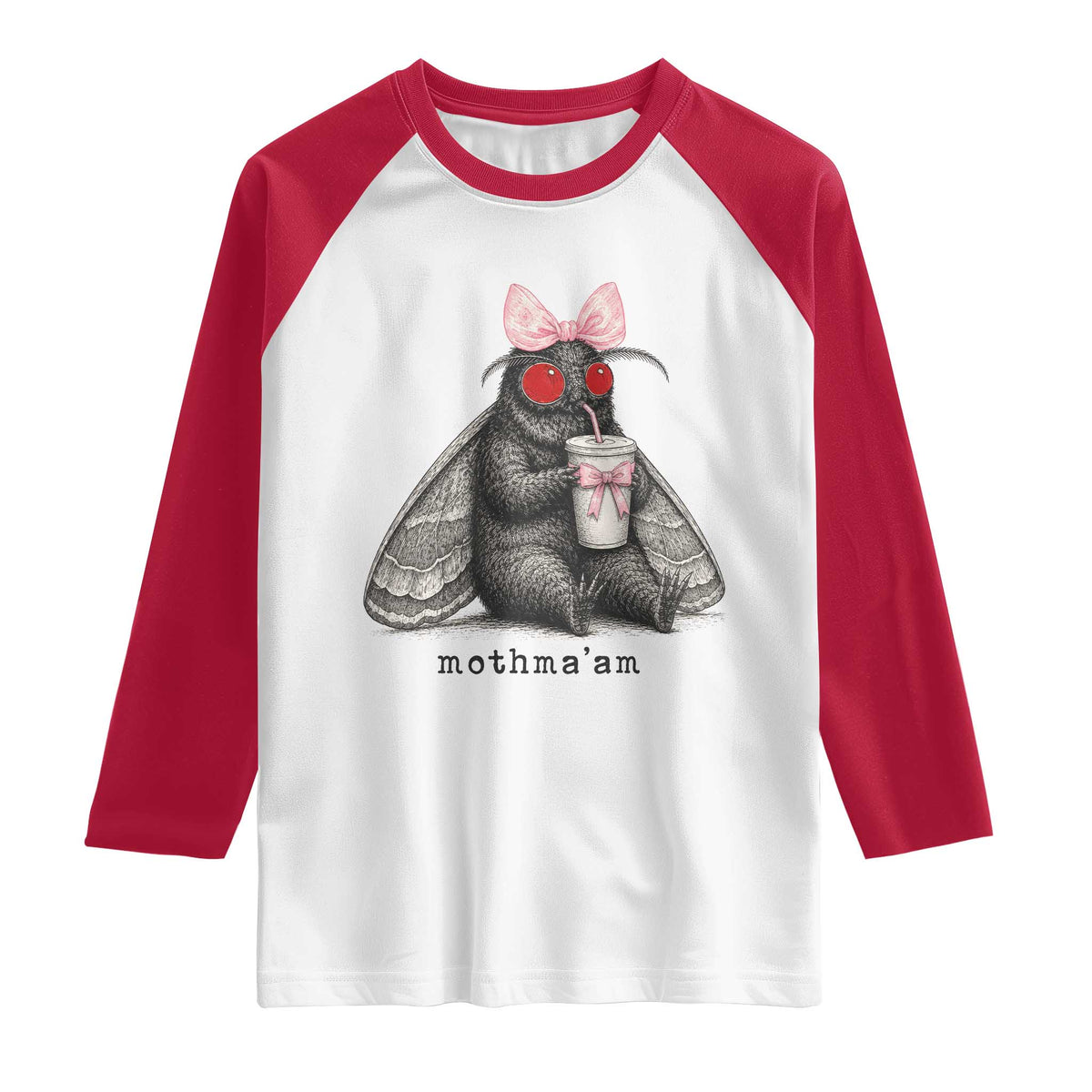 Funny Mothman Mothma'am Cute Pink Bow Coquette Raglan Shirt TS11 White Red Print Your Wear